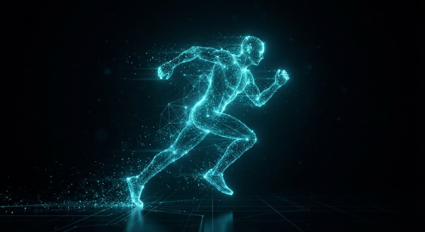 Silueta digital de un corredor en luz cian, como el gemelo digital de Pace